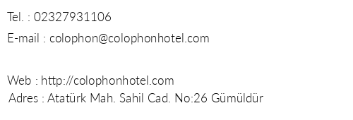 Colophon Hotel telefon numaralar, faks, e-mail, posta adresi ve iletiim bilgileri